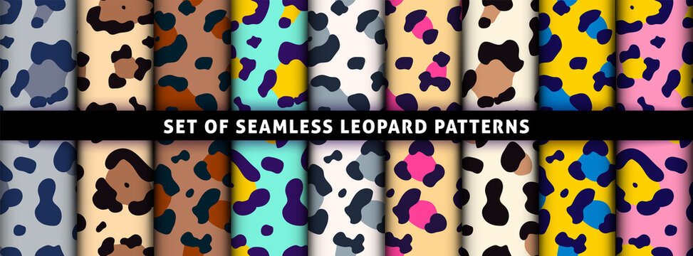 Trendy leopard seamless pattern set. Vector hand drawn cute wild animal skin color texture collection for fashion design, fabric, textile print, wrapping paper, backgrounds, wallpaper