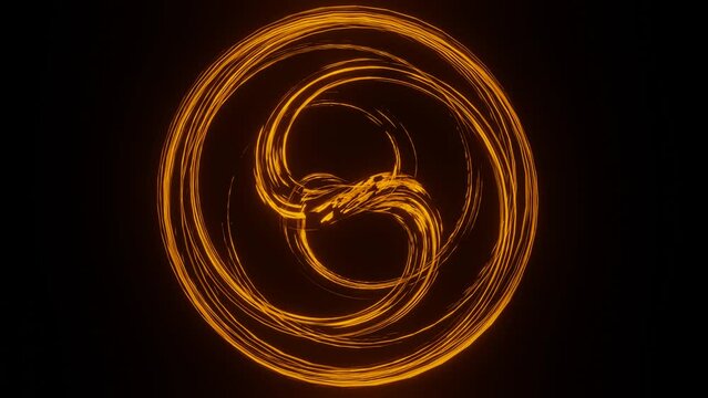 background of shimmering luminous twisty orange lines on a black background. looped abstract animation. 3d render