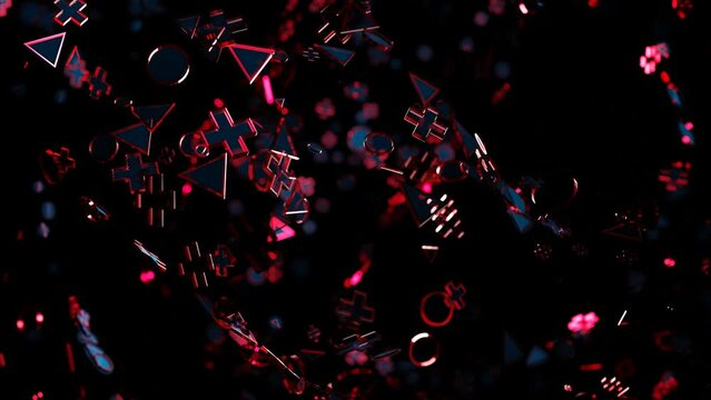 abstract animated background. different 3D red figures fly on a black background. 3d render