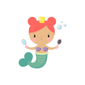 Cute Mermaid. Cartoon style. Vector illustration. For card, posters, banners, children books, printing on the pack, printing on clothes, fabric, wallpaper, textile or dishes.	