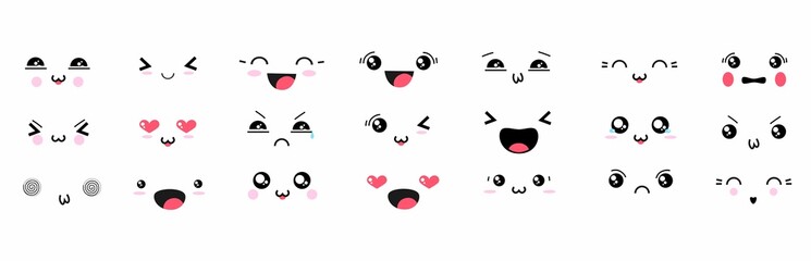Kawaii cute faces. Manga style eyes and mouths. notebook and diary stickers. For social networks. Expression anime character and emoticon face illustration. Background.