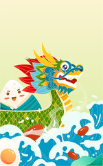 Dragon boat race in the river on the Dragon Boat Festival with zongzi and bamboo in the background, vector illustration