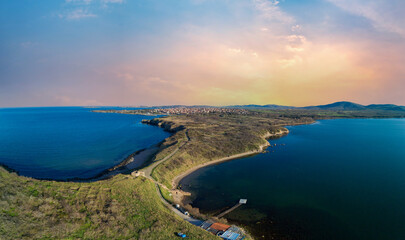 Panorama of the view from a height on the coast washed by the Black sky in Bulgaria