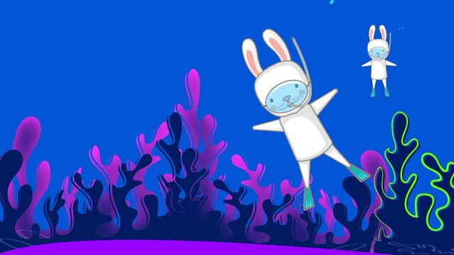Animation, two cute bunnies are engaged in scuba diving.
