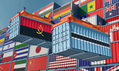 Cargo containers with Angola and Botswana national flags. 3D Rendering