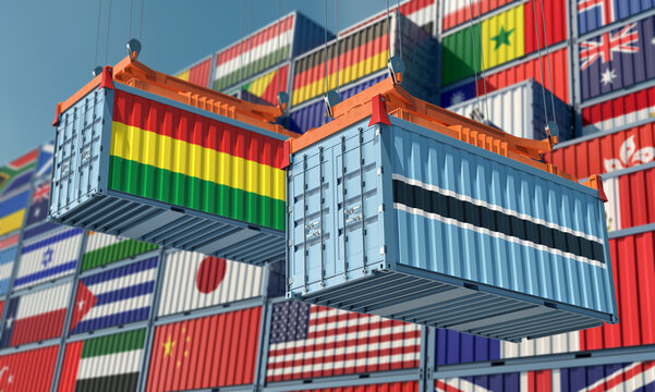 Cargo containers with Bolivia and Botswana national flags. 3D Rendering