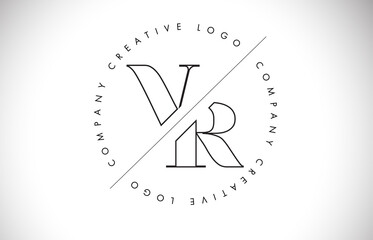 Outline VR v r letter logo with cut and intersected design and round frame.
