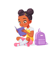 Cute little African American girl reading book sitting on the floor. Cartoon vector illustration.