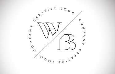 Outline WB w b letter logo with cut and intersected design and round frame.