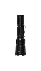 Black metal LED flashlight isolate on a white back. Pocket lamp for dark time of day or dark rooms.