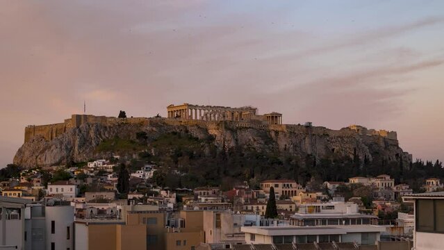 Beautiful sunrise time lapse of the Parthenon Temple at the Acropolis of Athens, Greece