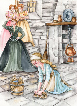 Cinderella washes the floors while her stepmother and sisters watch