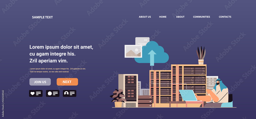 Poster arab man working in data center technical room hosting server database concept horizontal portrait