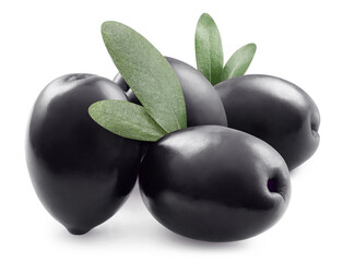 Delicious black olives with leaves, isolated on white background