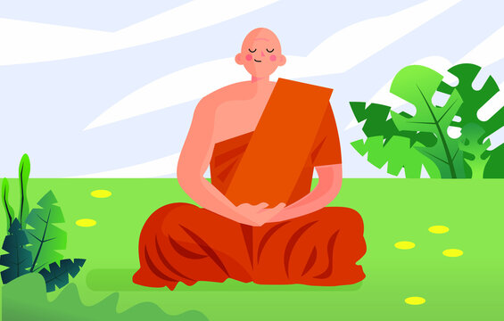 cartoon buddhist monk sitting meditating in a lotus position on a green meadow, vector illustration