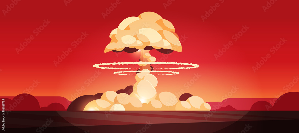 Poster nuclear explosion rising fireball of atomic mushroom cloud in desert apocalipce detonation dangerous