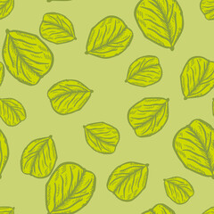 Seamless pattern engraved tree leaves. Vintage background botanical with foliage in hand drawn style.