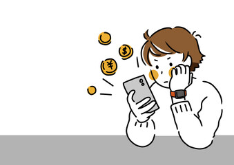 スマホゲームに課金したり投資に夢中の男性のイラスト