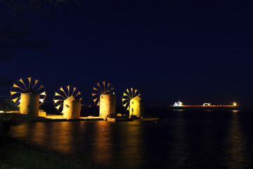 Windmills in Chios Island by night