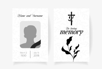 Funeral card template design with branches place under photo cross name and dates of death. Vector illustration in black and white