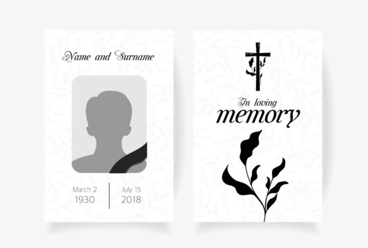 Funeral card template design with branches place under photo cross name and dates of death. Vector illustration in black and white