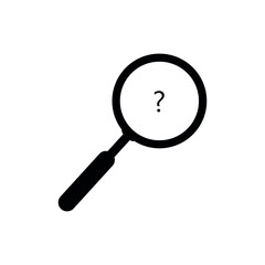 magnifying glass icon. Vector illustration symbol in black isolated on white. Question mark and spy glass. Search icon 