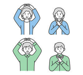 手でまるとばつを作る高齢男性と高齢女性のイラスト素材