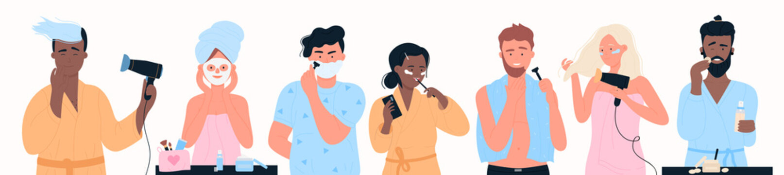 Morning routine of young people set vector illustration. Cartoon person drying hair with hairdryer in hands, man shaving, girl brushing teeth, cleaning skin isolated on white. Hygiene concept