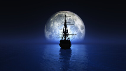 old ship in sea full moon illustration © aleksandar nakovski