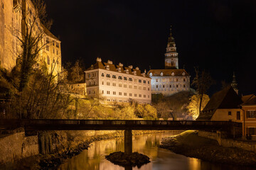 Beautiful view to Cesky Krumlov castle and its tower in Czech republic in the night. Horizontally.