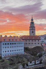 Beautiful view to Cesky Krumlov castle and its tower in Czech republic at dawn. Vertically. 