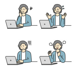 高齢女性がパソコンを操作するイラスト素材