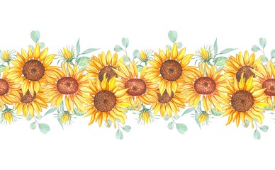 Watercolor seamless sunflowers border. Isolated on white background
