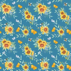 Foto op Canvas Watercolor seamless pattern with sunflowers. © Diasha Art