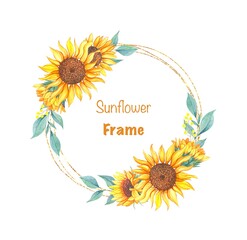 Wreath with sunflowers, watercolor illustration isolated on white background
