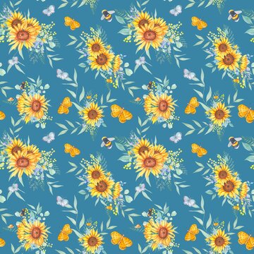 Watercolor seamless pattern with sunflowers. © Diasha Art