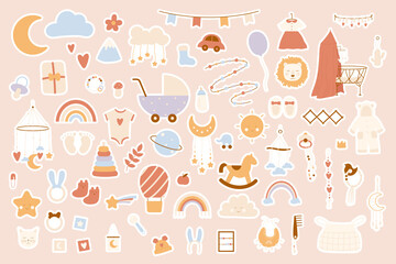 Boho baby clipart set for newborn girls and boys. Cartoon nursery bohemian simple collection with animal toys decor for cute bedroom, cradle and clothes isolated on white. Kids decoration concept