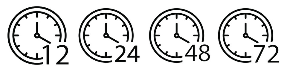 Set of time icon, arrow hours 12, 24,48 and 72, delivery service time, work time clock, thin line web symbols.