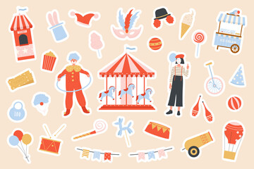 Funny circus and carnaval party stickers set vector illustration. Cartoon carousel, clown and mime characters in costumes, balloon, tickets and bunny in hat. Performance, amusement park concept © Flash Vector