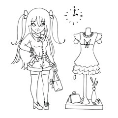 vector coloring page with  cute girl, line illustration