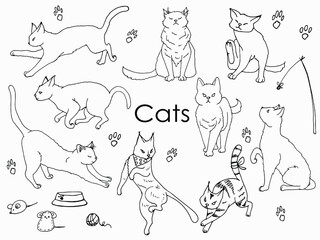 vector set of line drawing cute cats, coloring page
