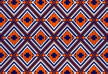 Geometric pattern, Ikat, Mexican, American, indigenous clothing, ethnic, print, abstract orange-blue background.