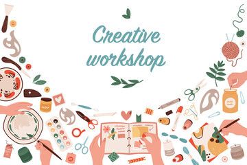 Creative art class and craft hobby workshop banner vector illustration. Cartoon hands painting with brush and pencil, holding scrapbook with diy tools and supplies poster background. craftwork concept