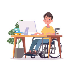Disabled man sitting in a wheelchair at a desk at a computer.