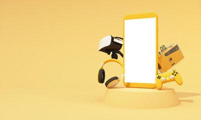 online shopping concept about electronics and gadgets in modern promotion period of new models consist of phone, vr, headphone, with drone and credit card on yellow background. realistic 3d rendering