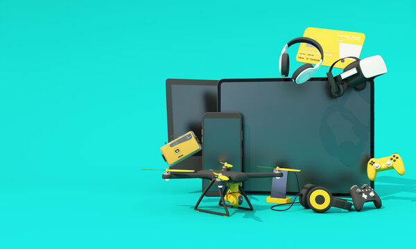 online shopping concept about electronics and gadgets in modern promotion period of new models consist of phone, vr, headphone, with drone and credit card on green background. realistic 3d rendering