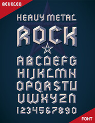 Gothic font, metallic beveled alphabet and numbers. Upper case. Vector illustration. - obrazy, fototapety, plakaty