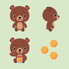 Set of beautiful character bears on green background. Vector illustration charming animals in different poses front and side view, eating honey and honeycomb near in cartoon style.