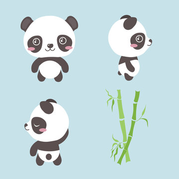 Set Of Beautiful Character Pandas On Blue Background. Vector Illustration Charming Animals In Different Poses Front And Side View, Dancing And Bamboo Near In Cartoon Style.