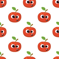 Fruit baby cartoon seamless pattern. Apple character with cute face pattern. Food background for kids wear or toys